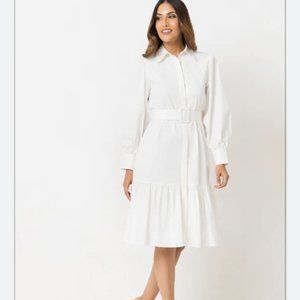 GFLOCK Women White Dress Size US 12 Long Sleeve Button Frock